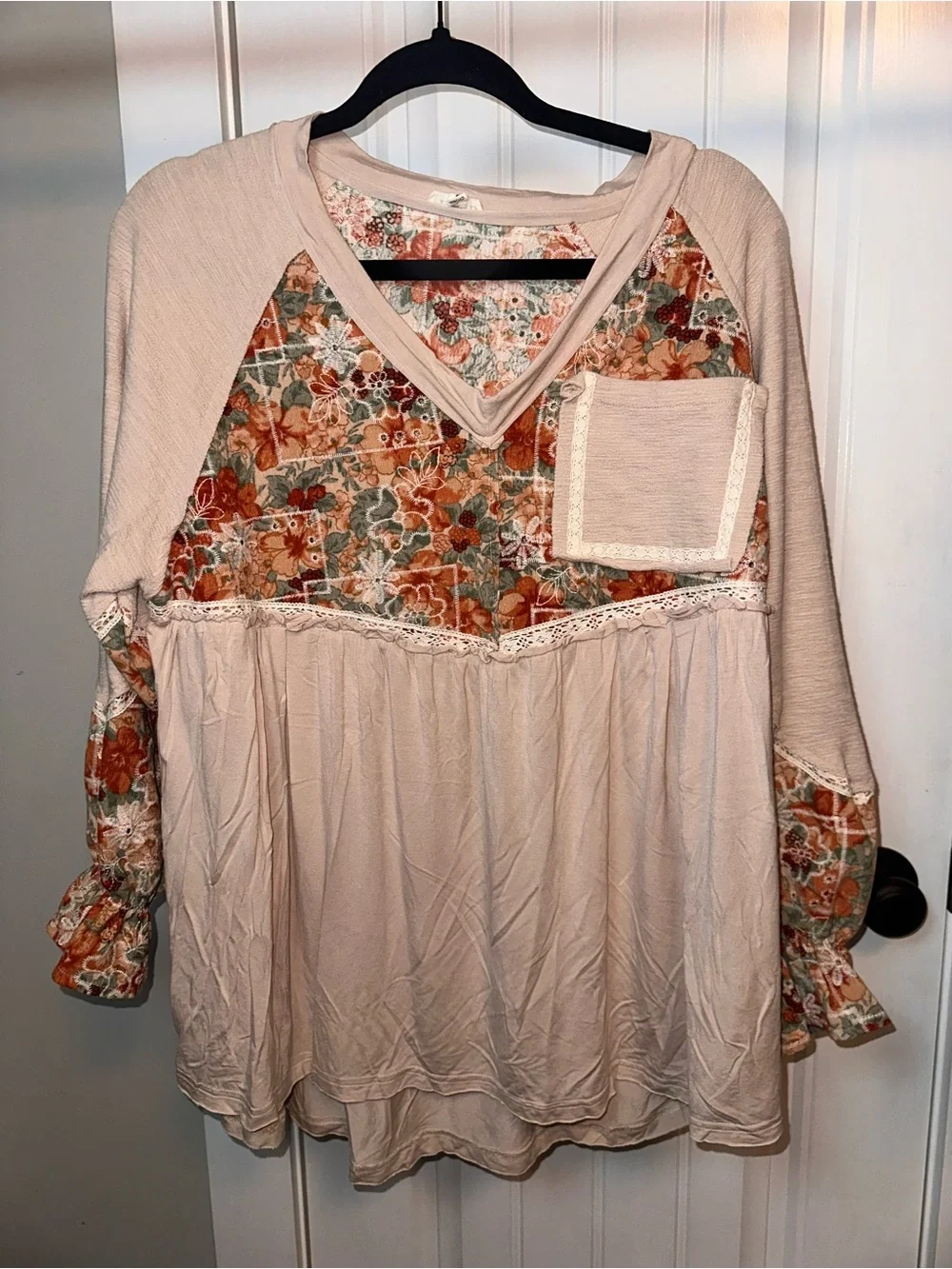POL Size Small Oversized Boho Floral Patchwork V-Neck Tunic Top - Beige